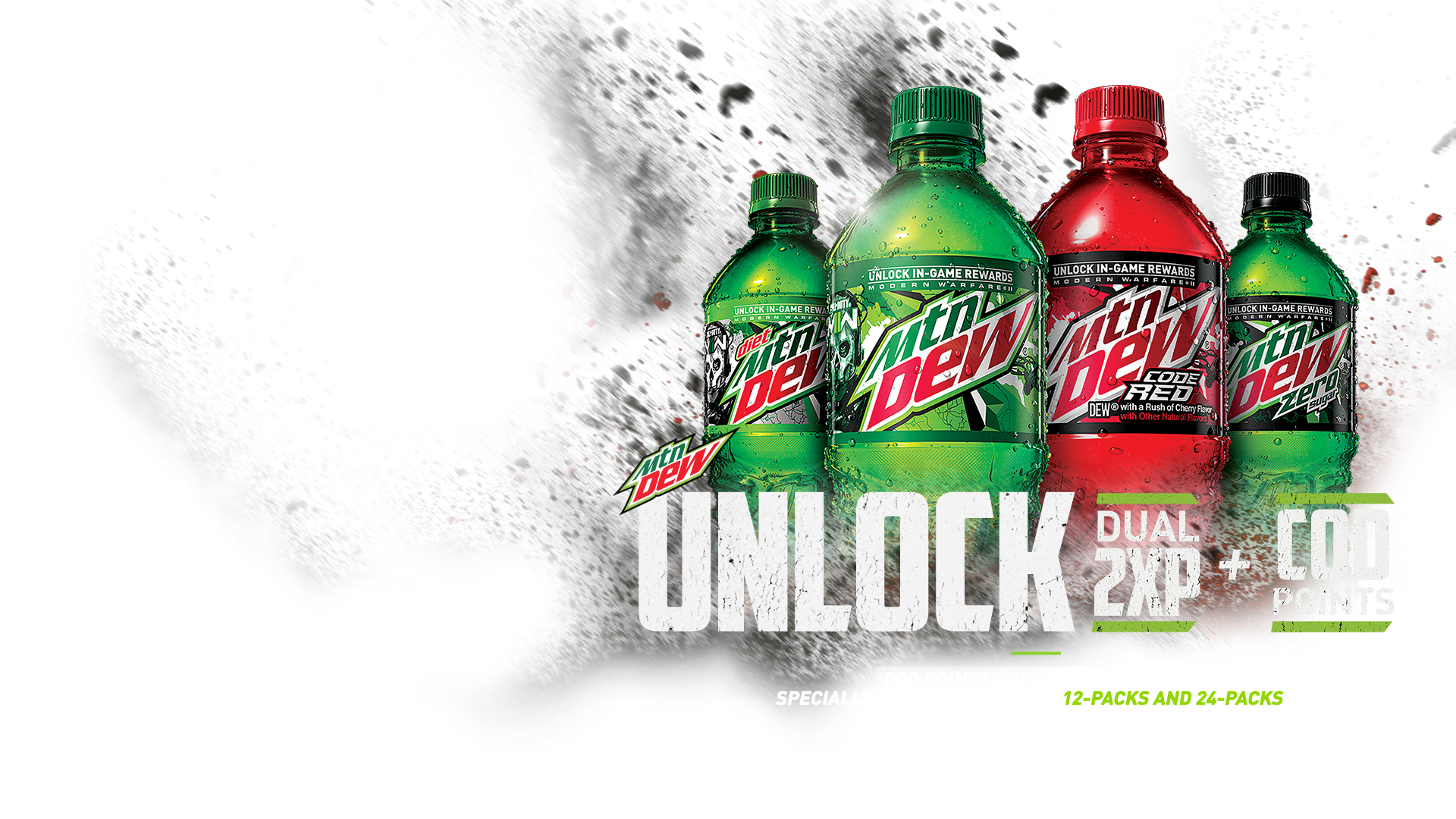 UNLOCK DUAL 2XP + COD POINTS - COD POINTS ONLY AVAILABLE ON SPECIALLY MARKED MTN DEW 12-PACKS AND 24-PACKS
